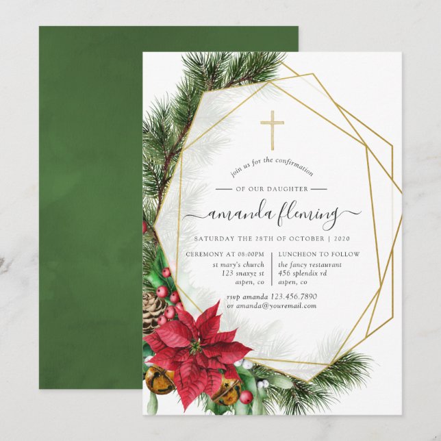 Invitación Confirmación geométrica de Navidad floral (Anverso / Reverso)