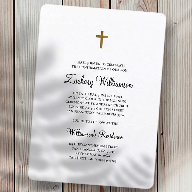 Invitación Confirmación minimalista de Faux Gold Cross Boy (Subido por el creador)