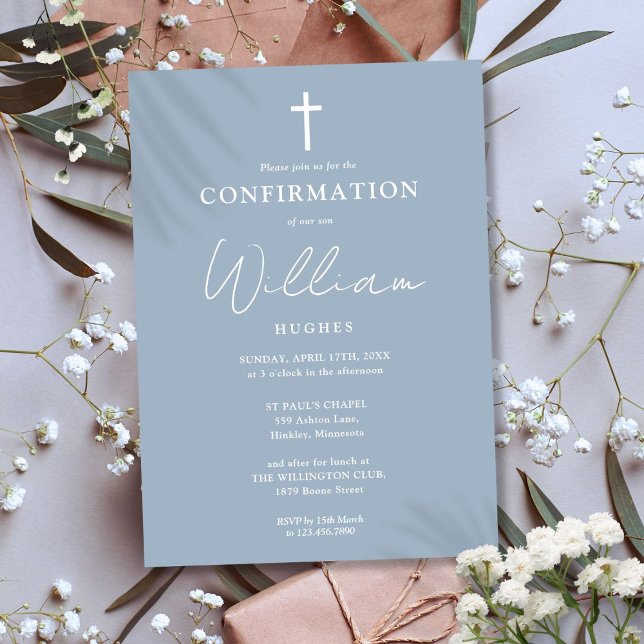 Invitación Confirmación minimalista moderna azul polvoriento (Dusty Blue Modern Minimalist Confirmation Invitation)