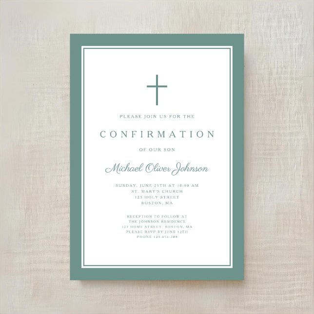 Invitación Confirmación Moderna Cruz Verde Niño (Modern Green Cross Boy Confirmation Invitation)