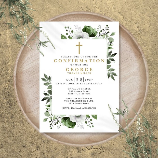 Invitación Confirmación moderna de la floración verde oliva b (Olive Green Floral Botanical Modern Confirmation Invitation)