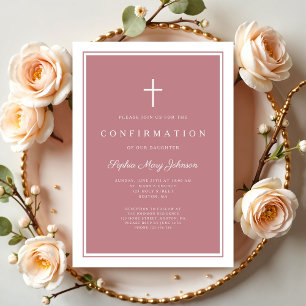 Invitación Confirmación Moderna de Niña con Cruz de Rosa Polv