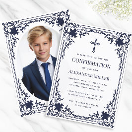 Invitación Confirmación Navy Blue Boy Photo Vintage Elegant