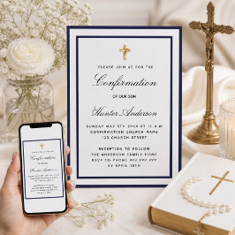Invitación Confirmación niño azul real blanco minimalista