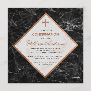 Invitación Confirmación Niño Blanco Mármol Cobre Escritura