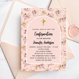 Invitación Confirmación pampas flores de pasto rosa boho oro
