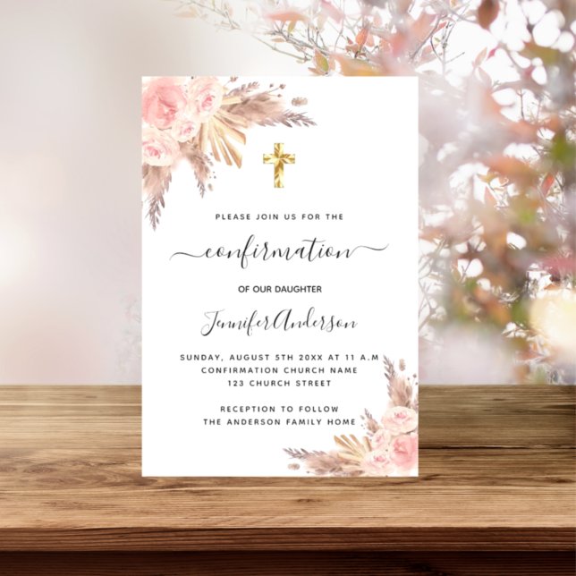 Invitación Confirmación pampas hierba rosa dorado rosado (Subido por el creador)