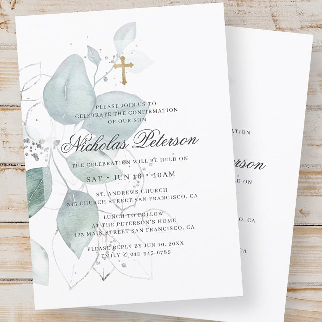 Invitación Confirmación Para Él | Moderna Cruz de Oro Foliage (Subido por el creador)