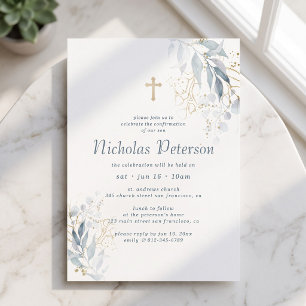 Invitación Confirmación para él moderno follaje cruz de oro