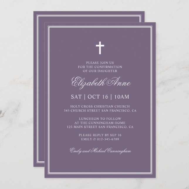 Invitación Confirmación Para Ella | Cruz Clásica Elegante (Anverso / Reverso)