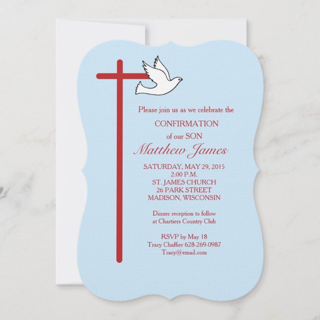 Invitación Confirmación para hijo con cruz y azul de paloma (Anverso)