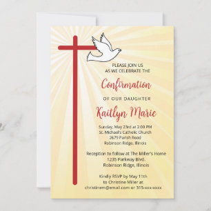 Invitación Confirmación para la hija Cross Dove Gold Rays