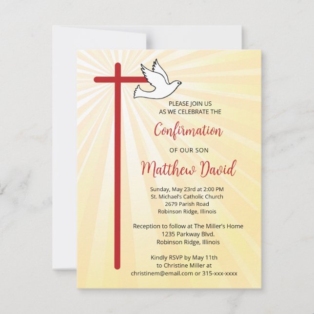 Invitación Confirmación para Son Cross Dove Gold Rays (Anverso)