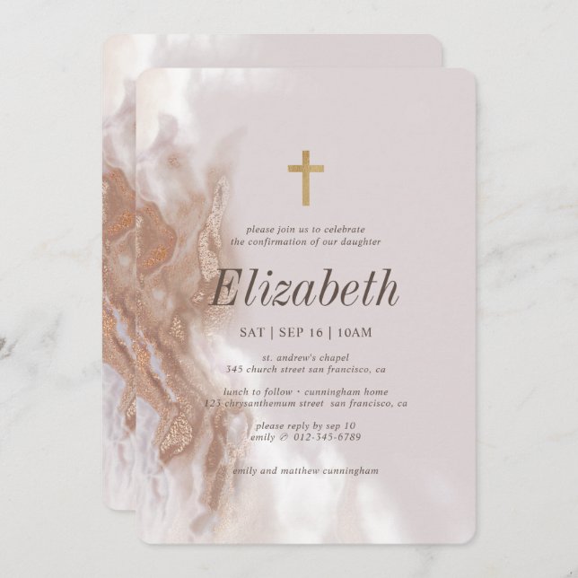 Invitación Confirmación Para Su Cruz De Acuarela De Oro (Anverso / Reverso)