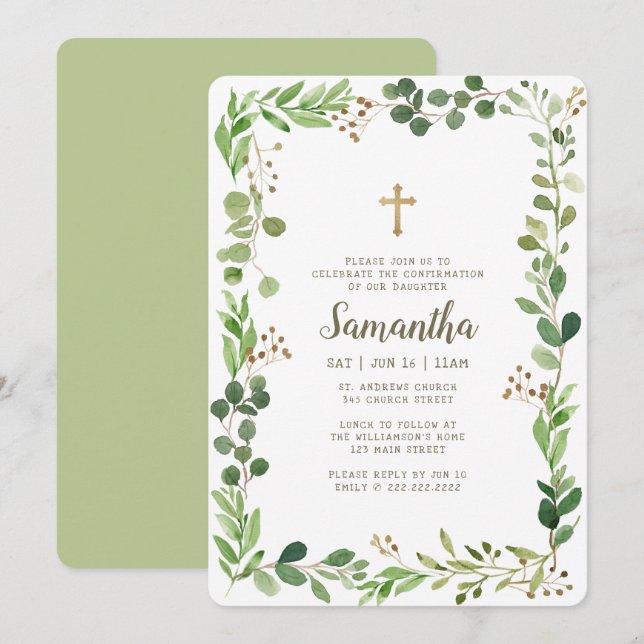 Invitación Confirmación Para Su Cruz De Foliage De Acuarela (Anverso / Reverso)