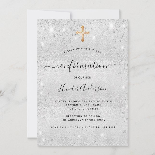 Invitación Confirmación purpurina de plata niño chica moderno (Anverso)