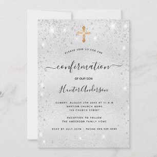 Invitación Confirmación purpurina de plata niño chica moderno
