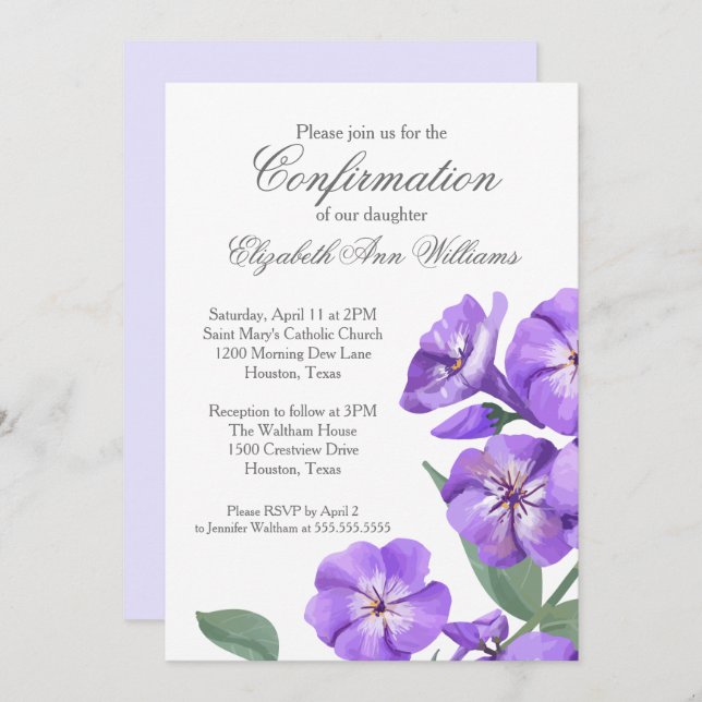 Invitación Confirmación religiosa elegante morado floral (Anverso / Reverso)