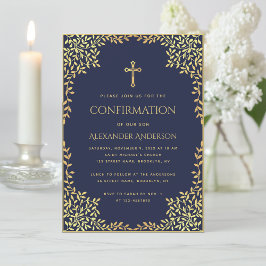 Invitación Confirmación Religiosa Hojas de Oro Azul Marino Ni