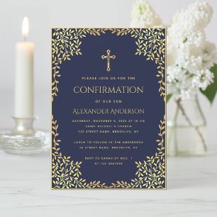 Invitación Confirmación Religiosa Hojas de Oro Azul Marino Ni