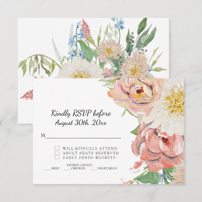 Invitación Confirmación Rosa Desvaído y Blanco Floral Acuarel (Anverso / Reverso)