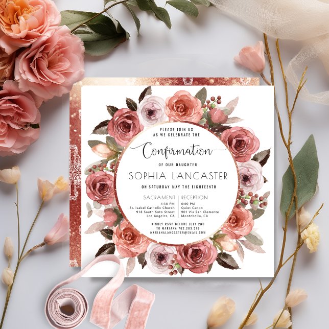 Invitación Confirmación, Rosa Gold y Rubor Floral (Subido por el creador)