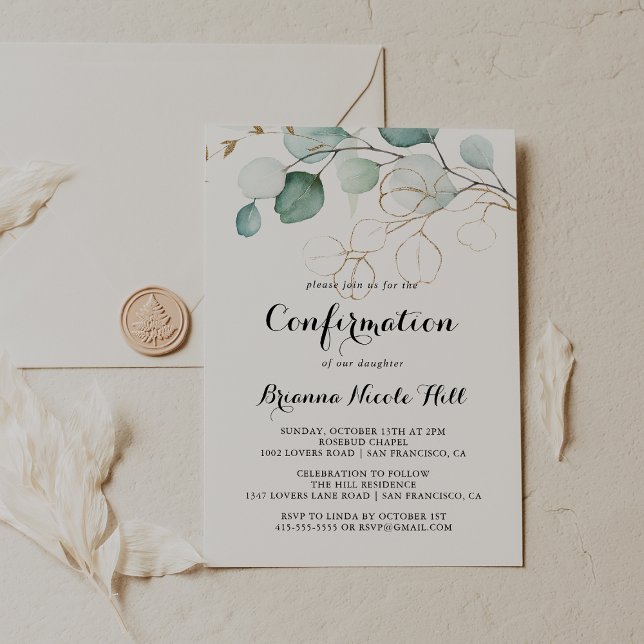 Invitación Confirmación Rustic Eucalyptus Gold Calligraphy (Subido por el creador)