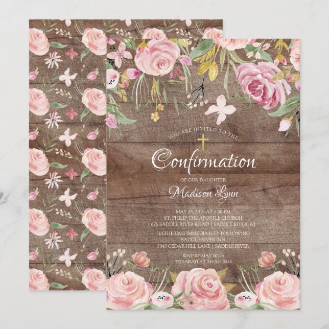 Invitación Confirmación Rustic Rubor Pink Floral & Gold Cross (Anverso / Reverso)