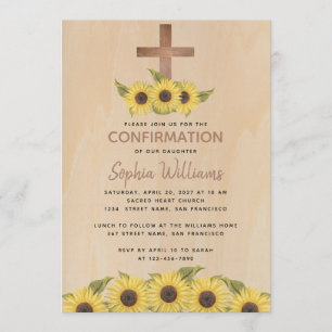 Invitación Confirmación Rústica Cruz de Madera Girasoles