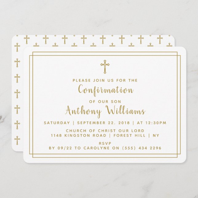 Invitación Confirmación simple de la Cruz Santa de Oro y Blan (Anverso / Reverso)