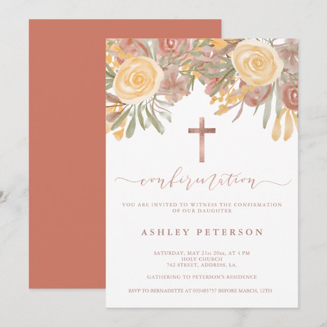Invitación confirmación verde de terracota floral de oro Rosa (Anverso / Reverso)