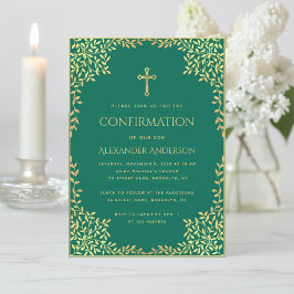 Invitación Confirmación Verde Esmeralda Hojas de Oro Falso Or