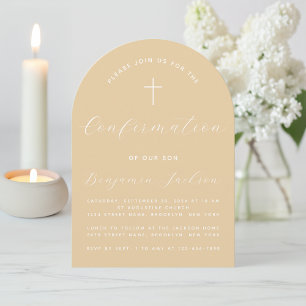 Invitación Confirmado Arch Beige Simple Cross Script Moderno