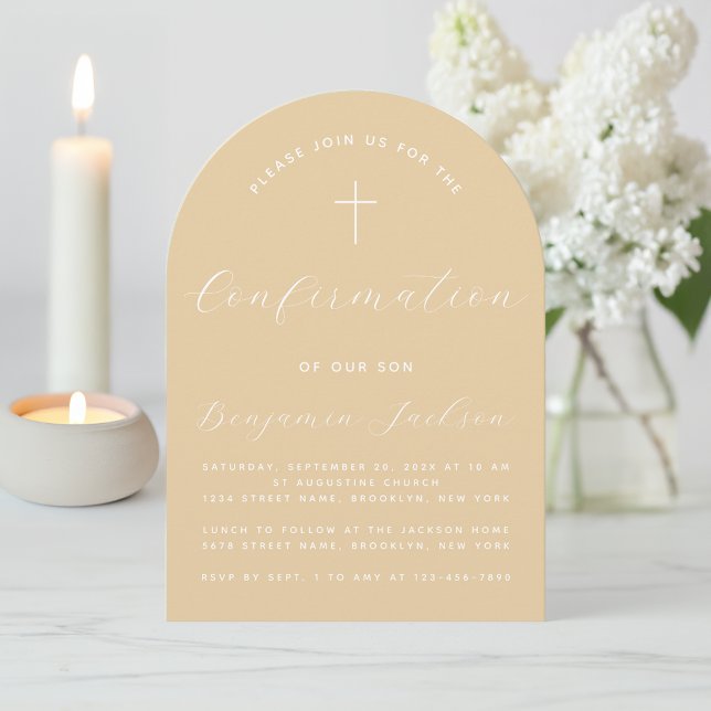 Invitación Confirmado Arch Beige Simple Cross Script Moderno (Subido por el creador)
