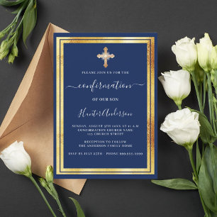 Invitación Confirmado cruz dorada azul marino