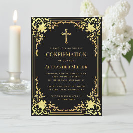 Invitación Confirmado de chico Black Faux Gold Vintage Elegan