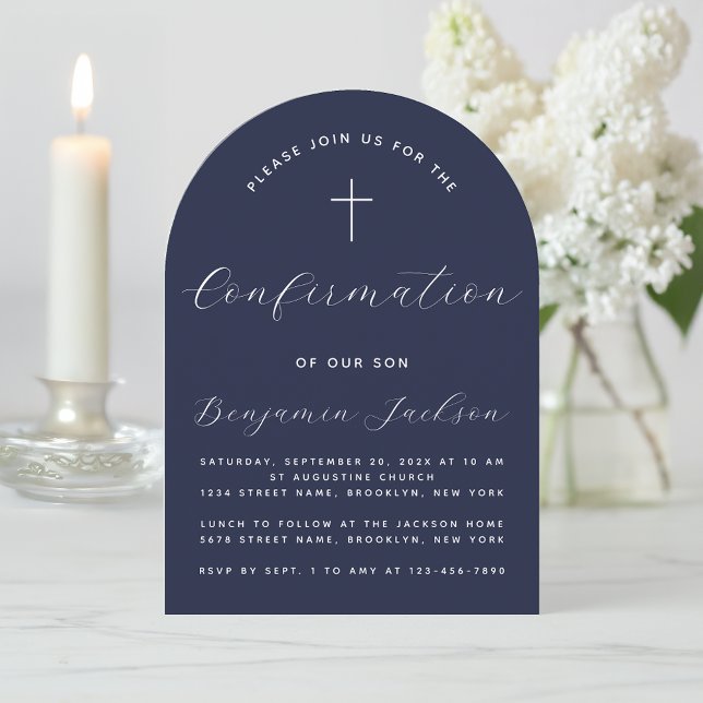 Invitación Confirmando arco Navy Blue Religious Boy Script (Subido por el creador)