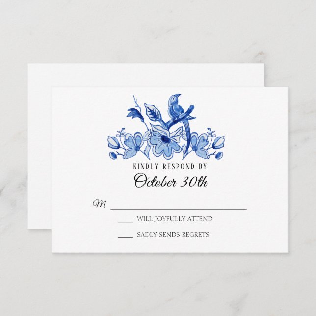 Invitación Confirmar asistencia boda azul chinoiserie floral  (Anverso / Reverso)