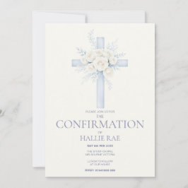 Invitación Confirmation for her, Modern Blue Floral Cross