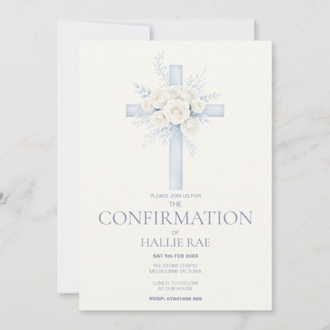 Invitación Confirmation for her, Modern Blue Floral Cross (Anverso)