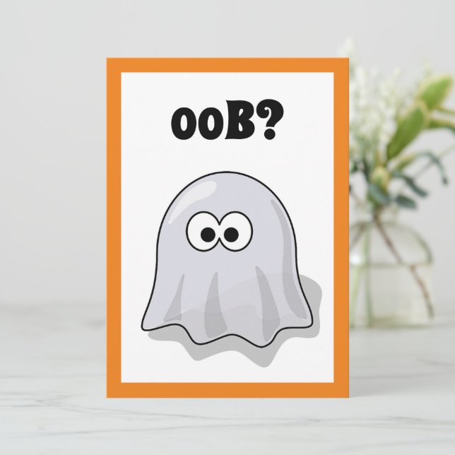 Invitación Confused Ghost Says "Oob?" Funny Halloween Cartoon (Anverso de pie)