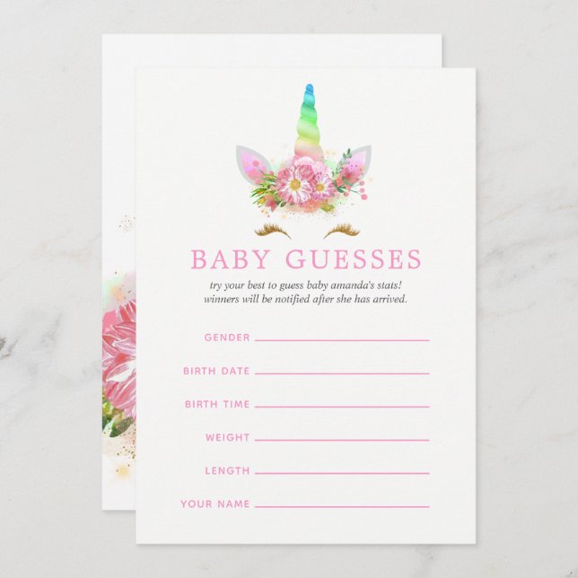 Invitación Conjetura del bebé Baby Shower, Chica de unicornio (Anverso / Reverso)