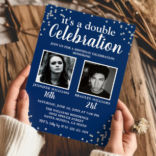 Invitación conjunta de cumpleaños con foto en azul