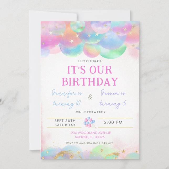 Invitación conjunta de cumpleaños con globos color (Anverso)