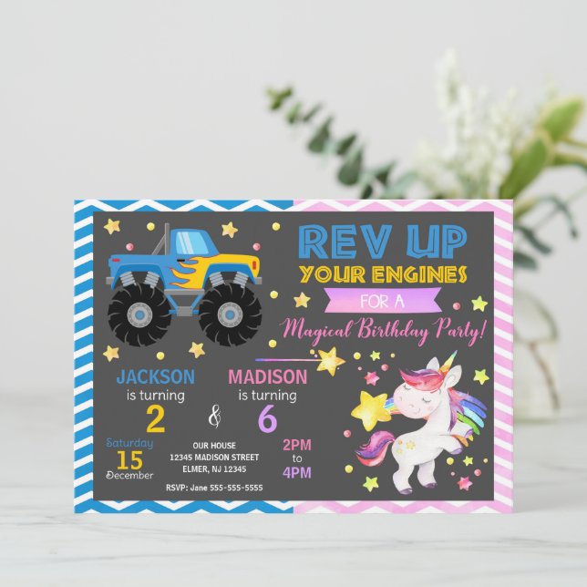 Invitación conjunta de cumpleaños de Camión Monstr (Anverso de pie)