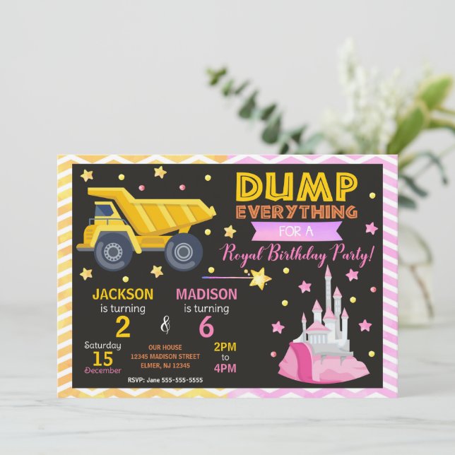 Invitación conjunta de cumpleaños de Construcción  (Anverso de pie)