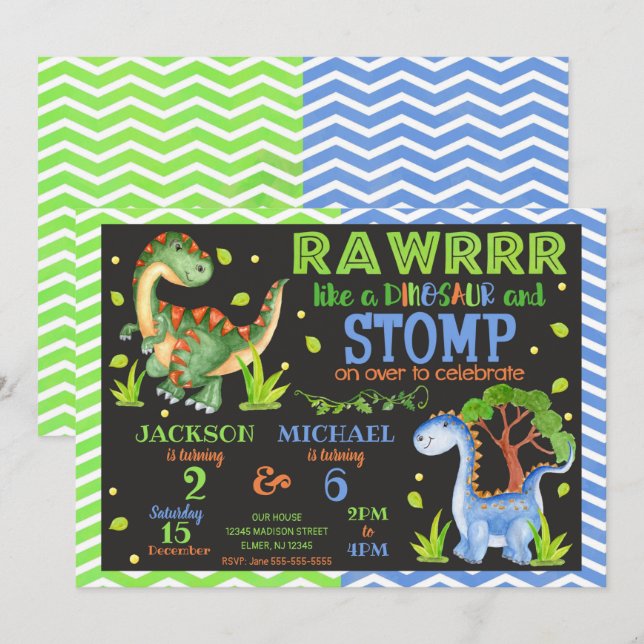 Invitación conjunta de cumpleaños de dinosaurio pa (Anverso / Reverso)