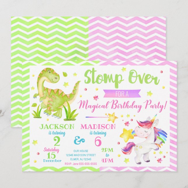 Invitación conjunta de cumpleaños de Dinosaurio y  (Anverso / Reverso)