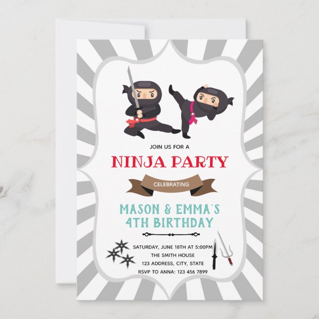 Invitación conjunta de cumpleaños de niña y niño n (Anverso)