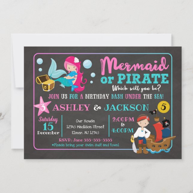 Invitación conjunta de cumpleaños de Sirena y Pira (Anverso)